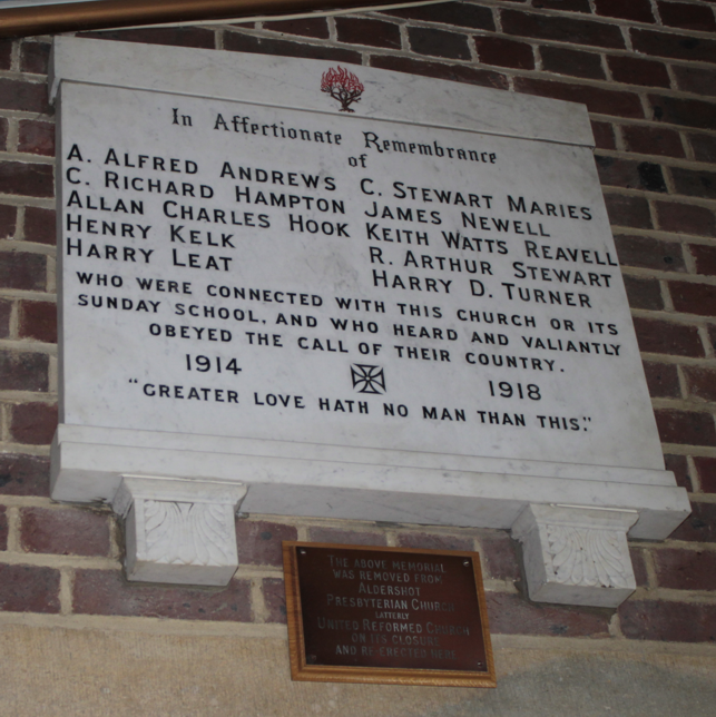 Aldershot Presbyterian
Church plaque